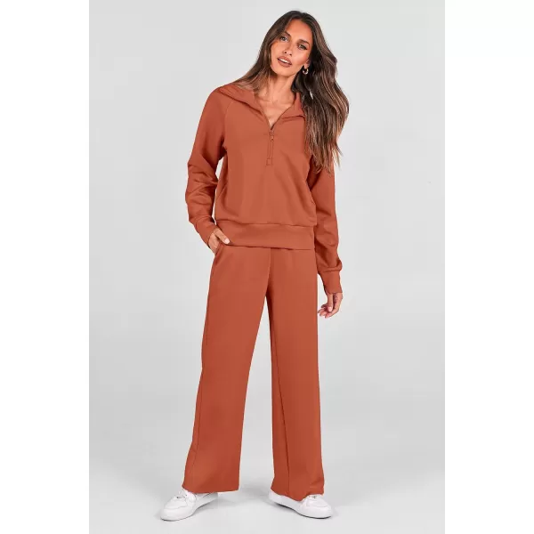 PRETTYGARDEN Womens 2 Piece Outfits Casual Lapel Half Zip Sweatshirts And Wide Leg Pants Tracksuit SetsBrick Red