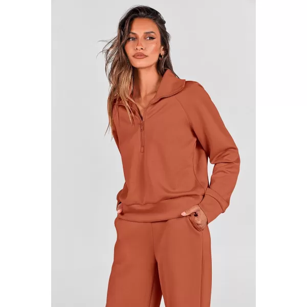 PRETTYGARDEN Womens 2 Piece Outfits Casual Lapel Half Zip Sweatshirts And Wide Leg Pants Tracksuit SetsBrick Red