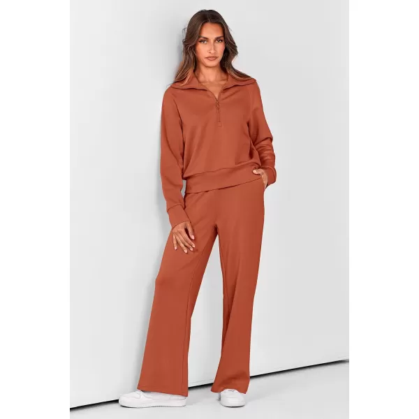 PRETTYGARDEN Womens 2 Piece Outfits Casual Lapel Half Zip Sweatshirts And Wide Leg Pants Tracksuit SetsBrick Red