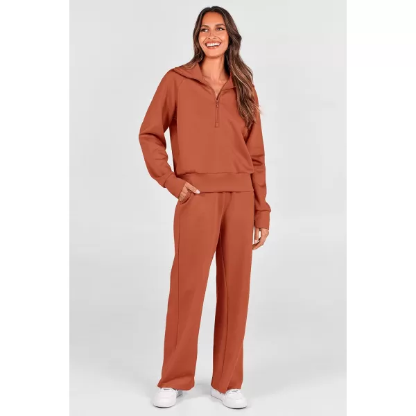 PRETTYGARDEN Womens 2 Piece Outfits Casual Lapel Half Zip Sweatshirts And Wide Leg Pants Tracksuit SetsBrick Red