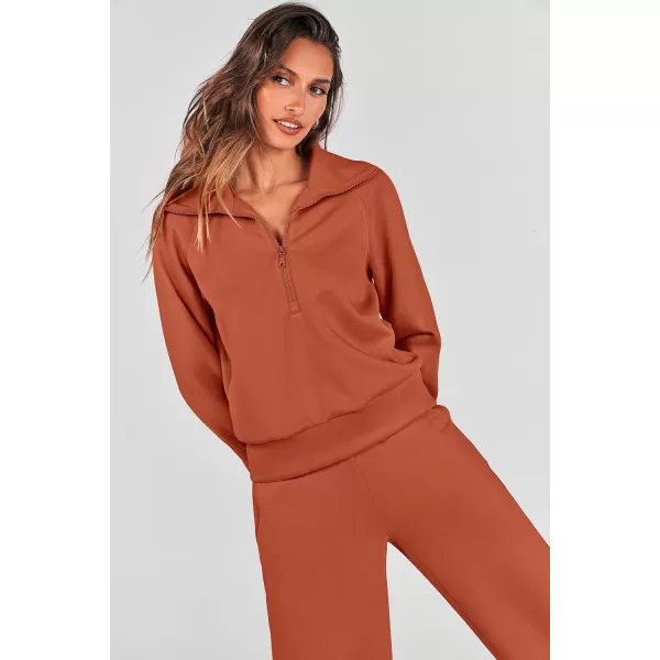PRETTYGARDEN Womens 2 Piece Outfits Casual Lapel Half Zip Sweatshirts And Wide Leg Pants Tracksuit SetsBrick Red