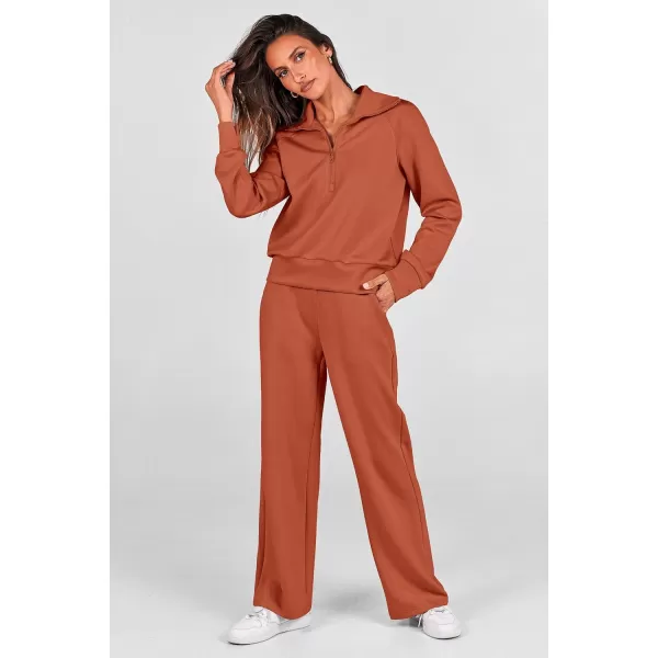 PRETTYGARDEN Womens 2 Piece Outfits Casual Lapel Half Zip Sweatshirts And Wide Leg Pants Tracksuit SetsBrick Red