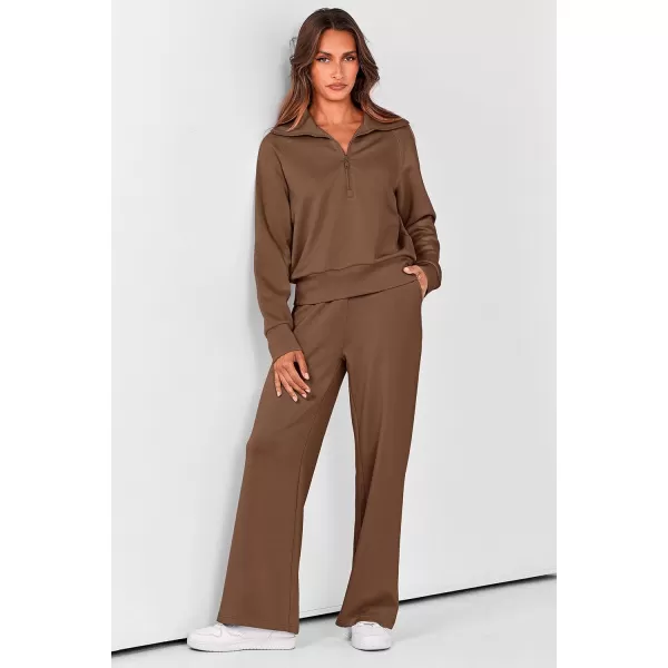 PRETTYGARDEN Womens 2 Piece Outfits Casual Lapel Half Zip Sweatshirts And Wide Leg Pants Tracksuit SetsBrown