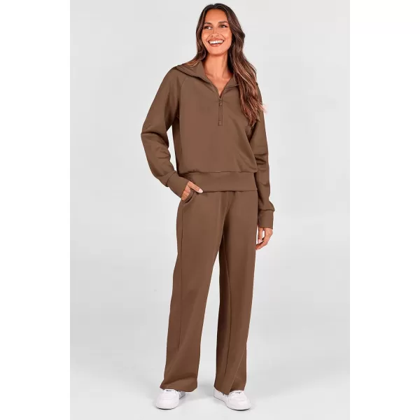 PRETTYGARDEN Womens 2 Piece Outfits Casual Lapel Half Zip Sweatshirts And Wide Leg Pants Tracksuit SetsBrown
