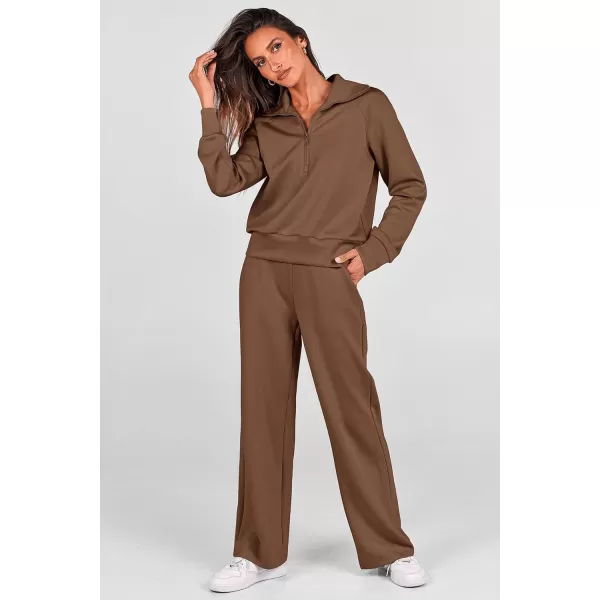 PRETTYGARDEN Womens 2 Piece Outfits Casual Lapel Half Zip Sweatshirts And Wide Leg Pants Tracksuit SetsBrown