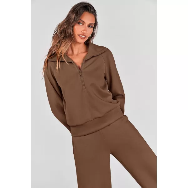 PRETTYGARDEN Womens 2 Piece Outfits Casual Lapel Half Zip Sweatshirts And Wide Leg Pants Tracksuit SetsBrown