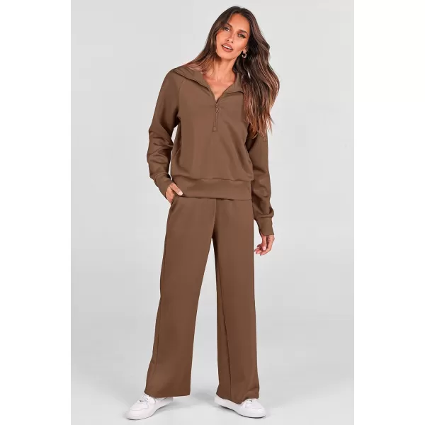 PRETTYGARDEN Womens 2 Piece Outfits Casual Lapel Half Zip Sweatshirts And Wide Leg Pants Tracksuit SetsBrown