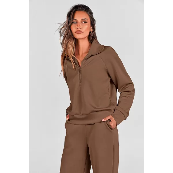 PRETTYGARDEN Womens 2 Piece Outfits Casual Lapel Half Zip Sweatshirts And Wide Leg Pants Tracksuit SetsBrown
