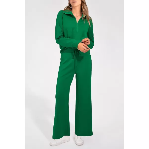 PRETTYGARDEN Womens 2 Piece Outfits Casual Lapel Half Zip Sweatshirts And Wide Leg Pants Tracksuit SetsGreen