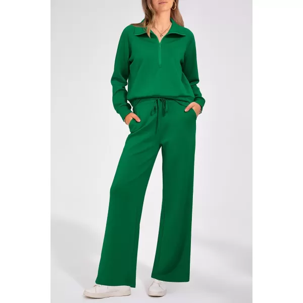 PRETTYGARDEN Womens 2 Piece Outfits Casual Lapel Half Zip Sweatshirts And Wide Leg Pants Tracksuit SetsGreen