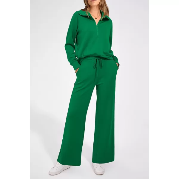 PRETTYGARDEN Womens 2 Piece Outfits Casual Lapel Half Zip Sweatshirts And Wide Leg Pants Tracksuit SetsGreen