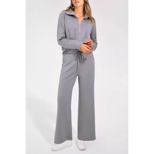 PRETTYGARDEN Womens 2 Piece Outfits Casual Lapel Half Zip Sweatshirts And Wide Leg Pants Tracksuit SetsGrey