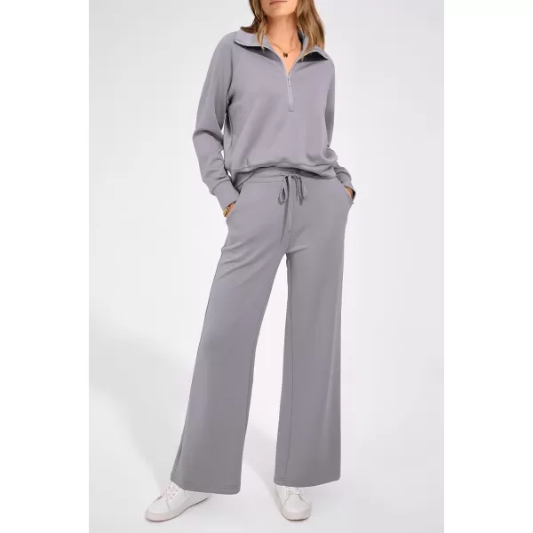PRETTYGARDEN Womens 2 Piece Outfits Casual Lapel Half Zip Sweatshirts And Wide Leg Pants Tracksuit SetsGrey