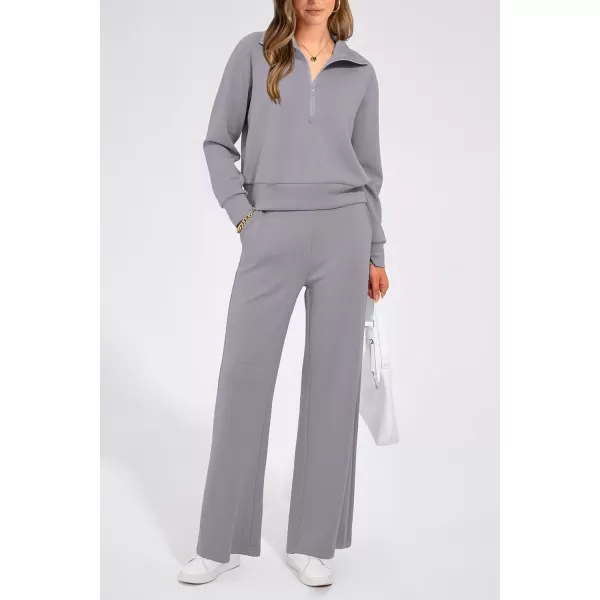 PRETTYGARDEN Womens 2 Piece Outfits Casual Lapel Half Zip Sweatshirts And Wide Leg Pants Tracksuit SetsGrey