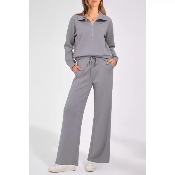 PRETTYGARDEN Womens 2 Piece Outfits Casual Lapel Half Zip Sweatshirts And Wide Leg Pants Tracksuit SetsGrey
