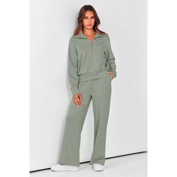 PRETTYGARDEN Womens 2 Piece Outfits Casual Lapel Half Zip Sweatshirts And Wide Leg Pants Tracksuit SetsGrey Green