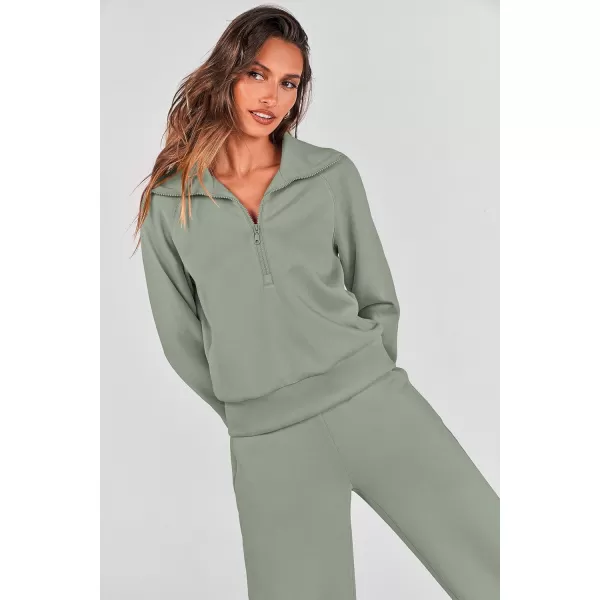 PRETTYGARDEN Womens 2 Piece Outfits Casual Lapel Half Zip Sweatshirts And Wide Leg Pants Tracksuit SetsGrey Green