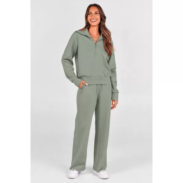 PRETTYGARDEN Womens 2 Piece Outfits Casual Lapel Half Zip Sweatshirts And Wide Leg Pants Tracksuit SetsGrey Green