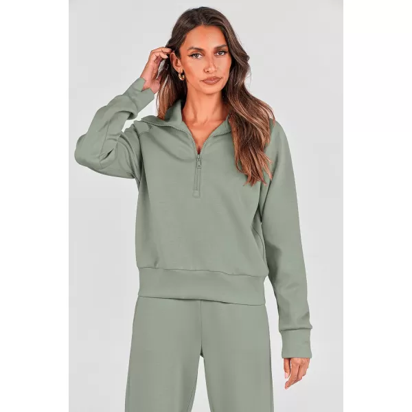 PRETTYGARDEN Womens 2 Piece Outfits Casual Lapel Half Zip Sweatshirts And Wide Leg Pants Tracksuit SetsGrey Green