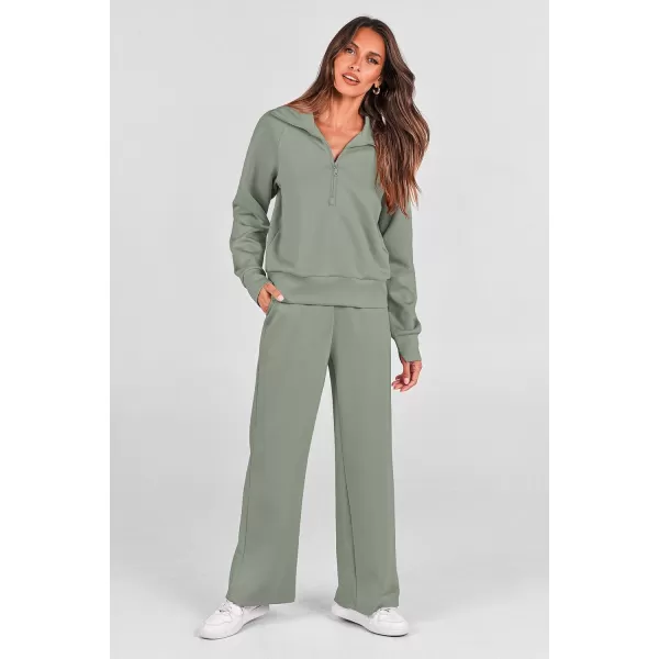 PRETTYGARDEN Womens 2 Piece Outfits Casual Lapel Half Zip Sweatshirts And Wide Leg Pants Tracksuit SetsGrey Green