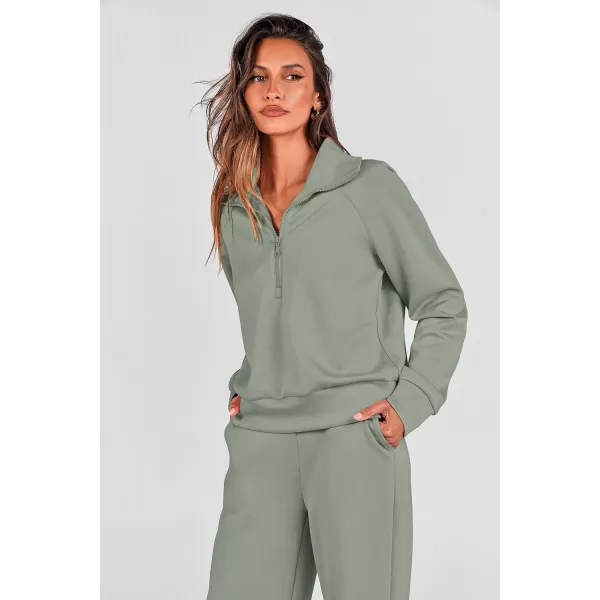 PRETTYGARDEN Womens 2 Piece Outfits Casual Lapel Half Zip Sweatshirts And Wide Leg Pants Tracksuit SetsGrey Green