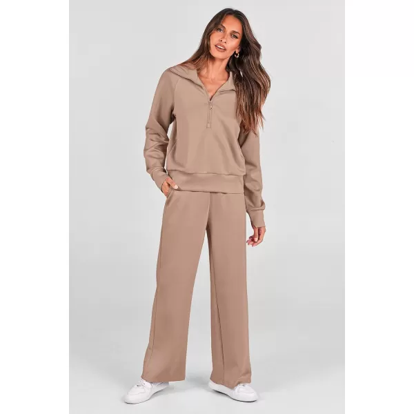 PRETTYGARDEN Womens 2 Piece Outfits Casual Lapel Half Zip Sweatshirts And Wide Leg Pants Tracksuit SetsKhaki