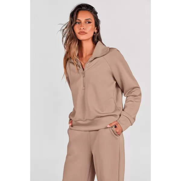 PRETTYGARDEN Womens 2 Piece Outfits Casual Lapel Half Zip Sweatshirts And Wide Leg Pants Tracksuit SetsKhaki