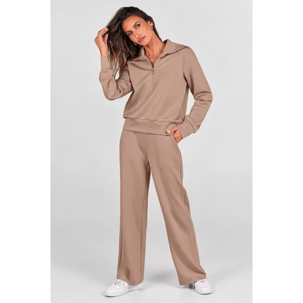 PRETTYGARDEN Womens 2 Piece Outfits Casual Lapel Half Zip Sweatshirts And Wide Leg Pants Tracksuit SetsKhaki