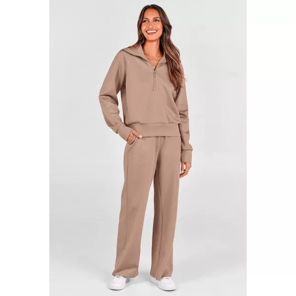 PRETTYGARDEN Womens 2 Piece Outfits Casual Lapel Half Zip Sweatshirts And Wide Leg Pants Tracksuit SetsKhaki