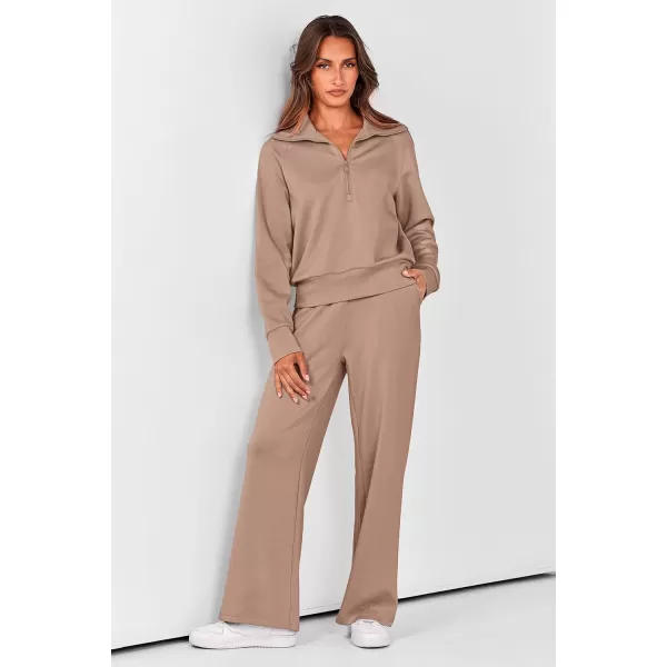 PRETTYGARDEN Womens 2 Piece Outfits Casual Lapel Half Zip Sweatshirts And Wide Leg Pants Tracksuit SetsKhaki