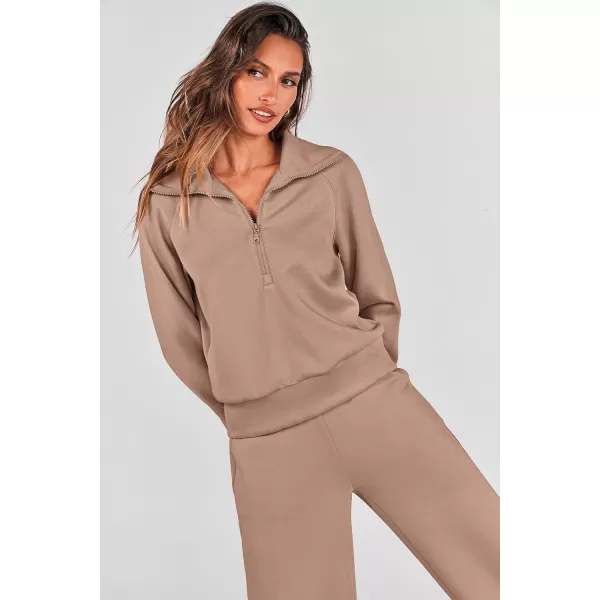 PRETTYGARDEN Womens 2 Piece Outfits Casual Lapel Half Zip Sweatshirts And Wide Leg Pants Tracksuit SetsKhaki