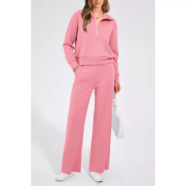 PRETTYGARDEN Womens 2 Piece Outfits Casual Lapel Half Zip Sweatshirts And Wide Leg Pants Tracksuit SetsPink