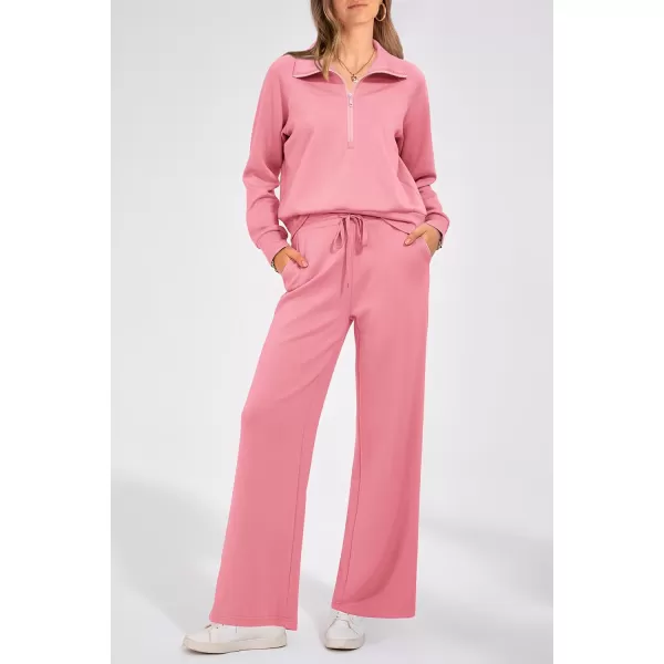 PRETTYGARDEN Womens 2 Piece Outfits Casual Lapel Half Zip Sweatshirts And Wide Leg Pants Tracksuit SetsPink