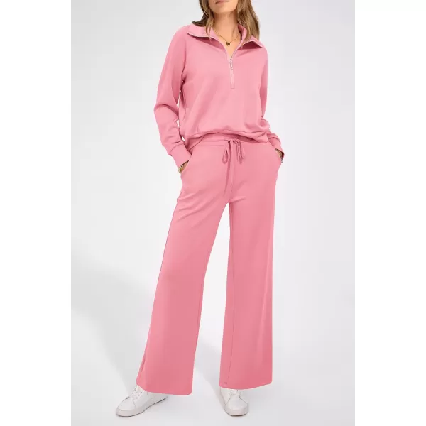 PRETTYGARDEN Womens 2 Piece Outfits Casual Lapel Half Zip Sweatshirts And Wide Leg Pants Tracksuit SetsPink