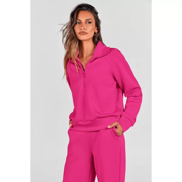 PRETTYGARDEN Womens 2 Piece Outfits Casual Lapel Half Zip Sweatshirts And Wide Leg Pants Tracksuit SetsRose Red
