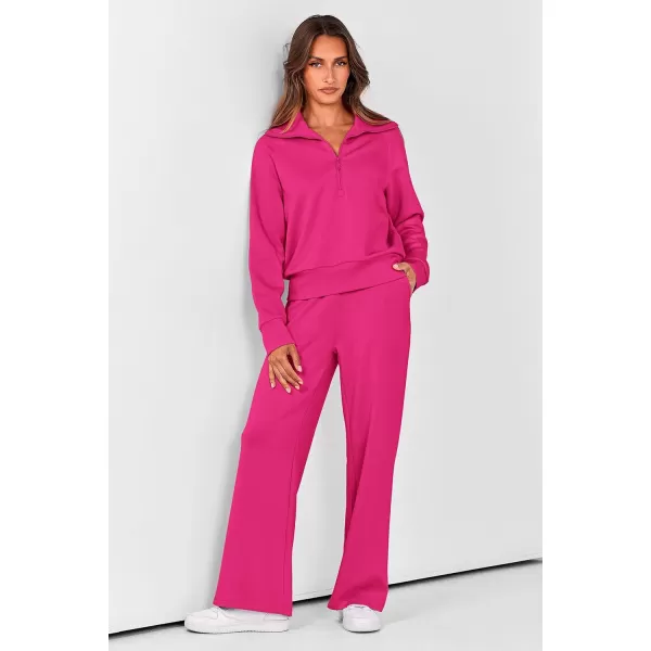 PRETTYGARDEN Womens 2 Piece Outfits Casual Lapel Half Zip Sweatshirts And Wide Leg Pants Tracksuit SetsRose Red