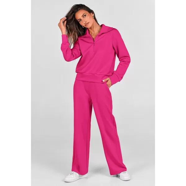 PRETTYGARDEN Womens 2 Piece Outfits Casual Lapel Half Zip Sweatshirts And Wide Leg Pants Tracksuit SetsRose Red