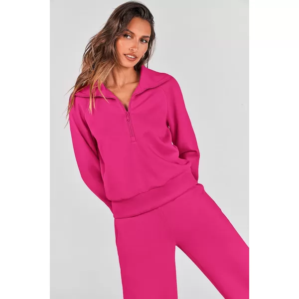 PRETTYGARDEN Womens 2 Piece Outfits Casual Lapel Half Zip Sweatshirts And Wide Leg Pants Tracksuit SetsRose Red