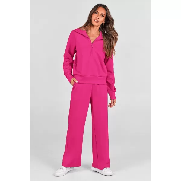 PRETTYGARDEN Womens 2 Piece Outfits Casual Lapel Half Zip Sweatshirts And Wide Leg Pants Tracksuit SetsRose Red