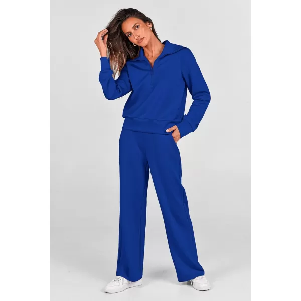 PRETTYGARDEN Womens 2 Piece Outfits Casual Lapel Half Zip Sweatshirts And Wide Leg Pants Tracksuit SetsRoyal Blue