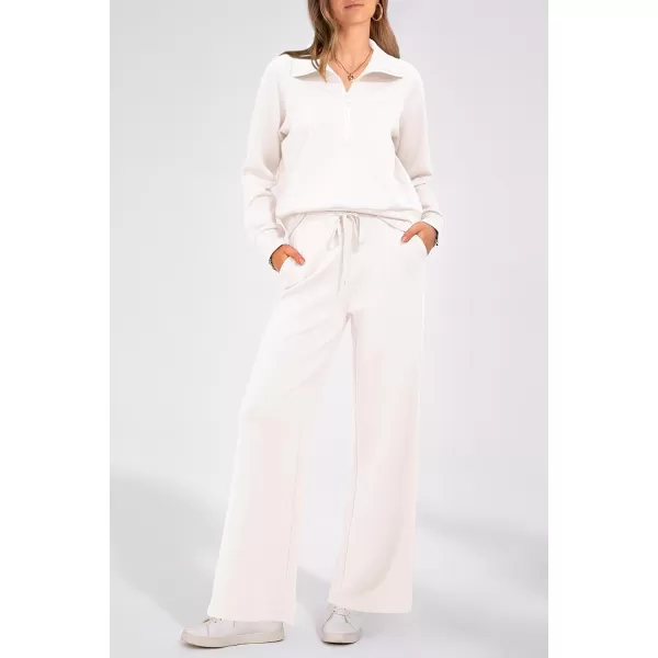 PRETTYGARDEN Womens 2 Piece Outfits Casual Lapel Half Zip Sweatshirts And Wide Leg Pants Tracksuit SetsWhite