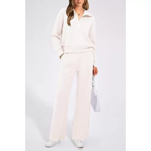 PRETTYGARDEN Womens 2 Piece Outfits Casual Lapel Half Zip Sweatshirts And Wide Leg Pants Tracksuit SetsWhite