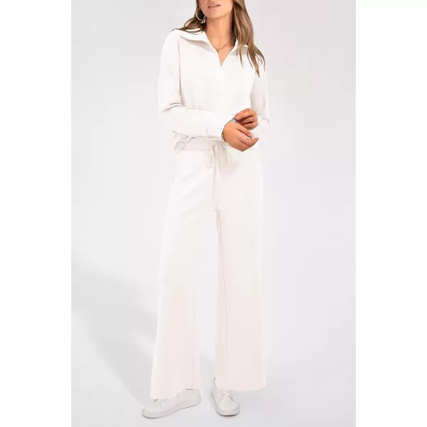 PRETTYGARDEN Womens 2 Piece Outfits Casual Lapel Half Zip Sweatshirts And Wide Leg Pants Tracksuit SetsWhite