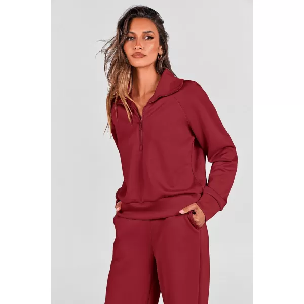 PRETTYGARDEN Womens 2 Piece Outfits Casual Lapel Half Zip Sweatshirts And Wide Leg Pants Tracksuit SetsWine Red