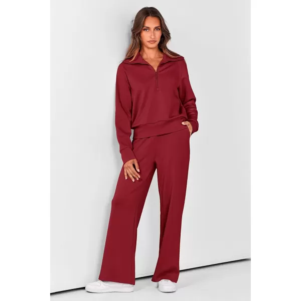 PRETTYGARDEN Womens 2 Piece Outfits Casual Lapel Half Zip Sweatshirts And Wide Leg Pants Tracksuit SetsWine Red