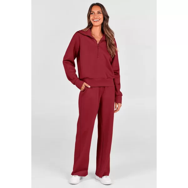 PRETTYGARDEN Womens 2 Piece Outfits Casual Lapel Half Zip Sweatshirts And Wide Leg Pants Tracksuit SetsWine Red