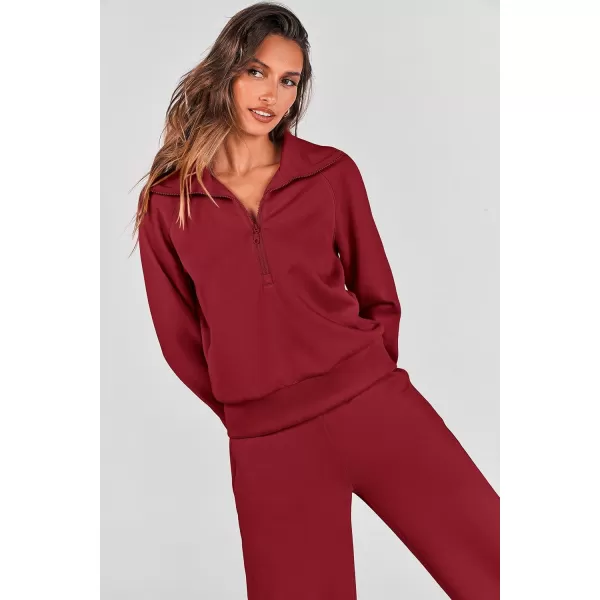 PRETTYGARDEN Womens 2 Piece Outfits Casual Lapel Half Zip Sweatshirts And Wide Leg Pants Tracksuit SetsWine Red