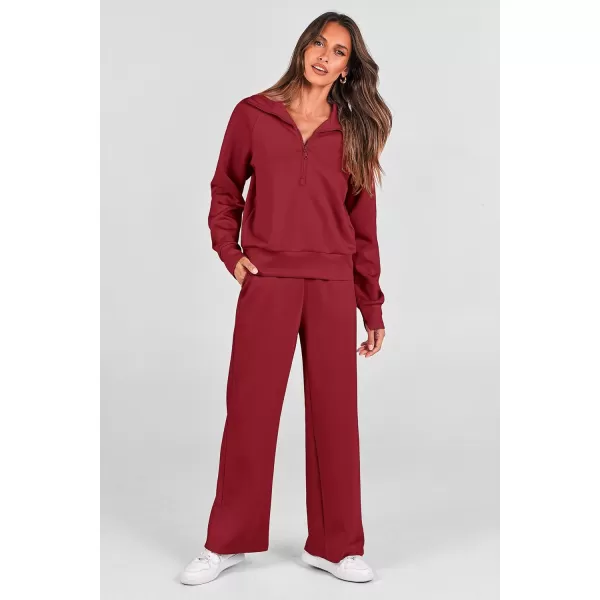 PRETTYGARDEN Womens 2 Piece Outfits Casual Lapel Half Zip Sweatshirts And Wide Leg Pants Tracksuit SetsWine Red