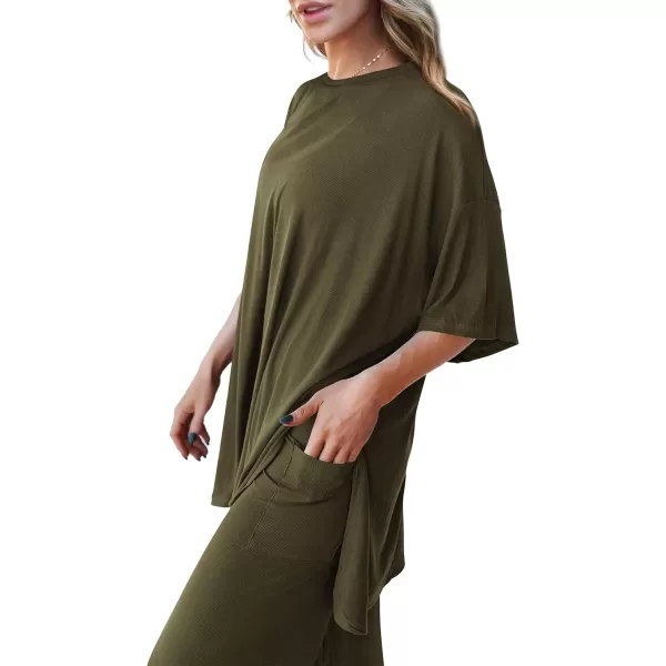 PRETTYGARDEN Womens 2 Piece Outfits Casual Short Sleeve Pullover Tops and Wide Leg Pants Lounge Sets TracksuitsArmy Green