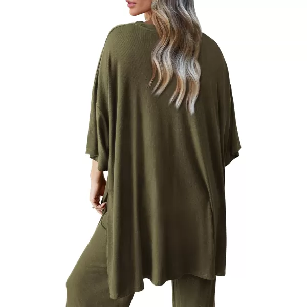 PRETTYGARDEN Womens 2 Piece Outfits Casual Short Sleeve Pullover Tops and Wide Leg Pants Lounge Sets TracksuitsArmy Green